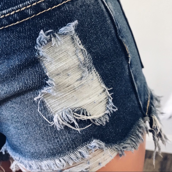 Distressed Denim Shorts Asymmetrical Frayed Hem - Picture 7 of 9